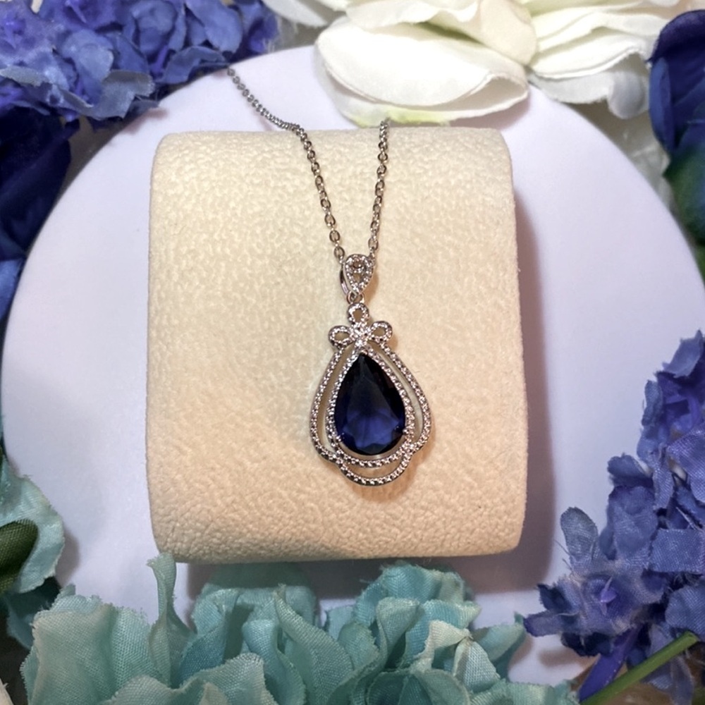 Sapphire Gemstone & Micro Pave Diamond Pendant Necklace With Silver Chain NEW! - Picture 2 of 6
